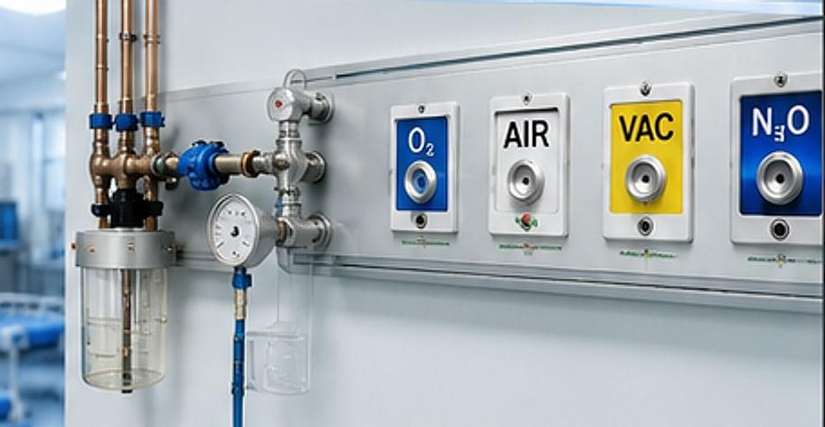 Réseau de distribution de gaz médicaux avec détendeur et prises murales O₂, AIR, VAC et N₂O